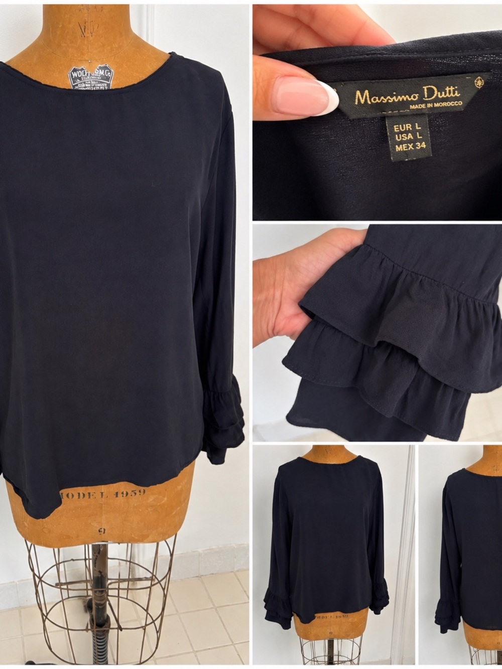 Massimo Dutti Black Tiered-Ruffle Long-Sleeve Blouse Quiet‎ Luxury Designer